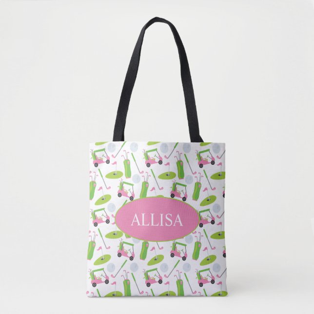 Pink & Green Golf Personalized Tote Bag (Front)