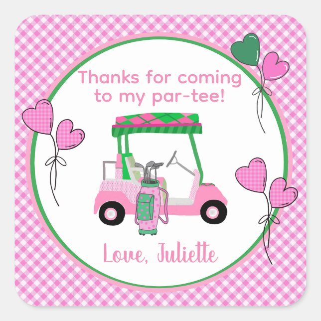 Pink & Green Golf Theme Birthday Party  Square Sticker (Front)