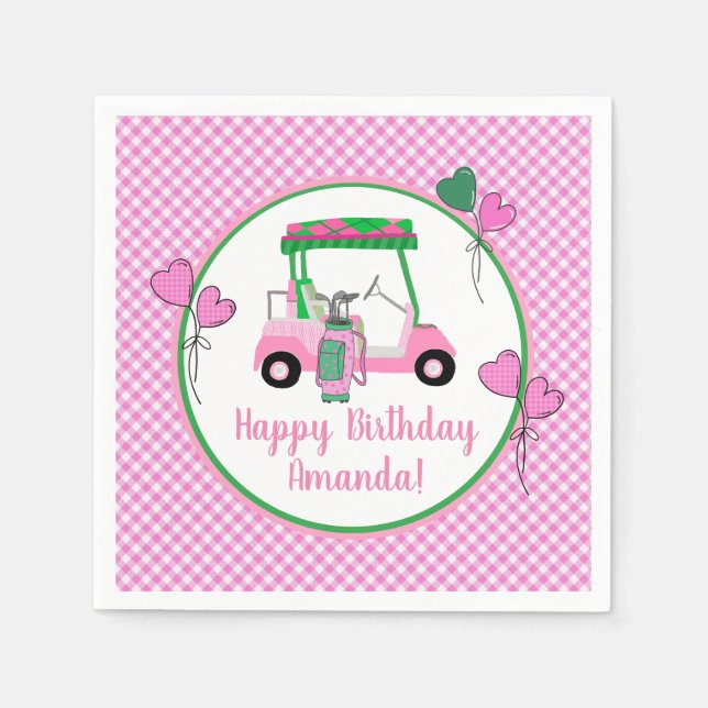 Pink & Green Golf Theme Personalized Party  Napkins (Front)