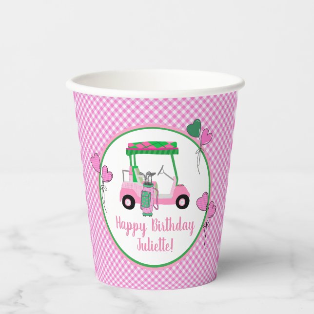 Pink & Green Golf Theme Personalized Party  Paper Cups (Front)