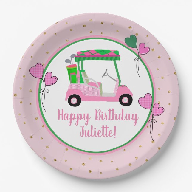 Pink & Green Golf Theme Personalized Party  Paper Plates (Front)