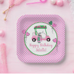 Pink & Green Golf Theme Personalized Party  Paper Plates<br><div class="desc">It is party time and such fun to decorate with this charming paper plate -- pink and green golf cart and clubs -- with some gold glitter thrown in - completed with her name in script and a Happy Birthday. Any design questions just send a chat or an email to...</div>