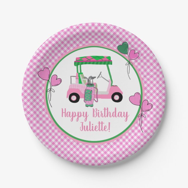 Pink & Green Golf Theme Personalized Party  Paper Plates (Front)