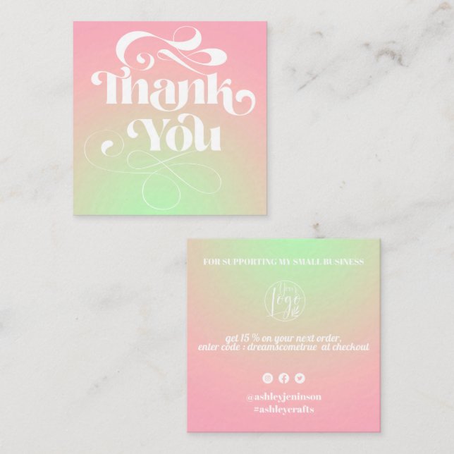 Pink green gradient retro script order thank you square business card (Front/Back)