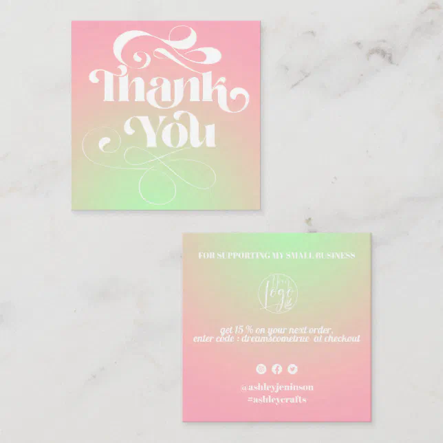 Pink green gradient retro script order thank you square business card ...