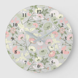 Pink Green Gray Floral Flower Girl Pattern Large Clock