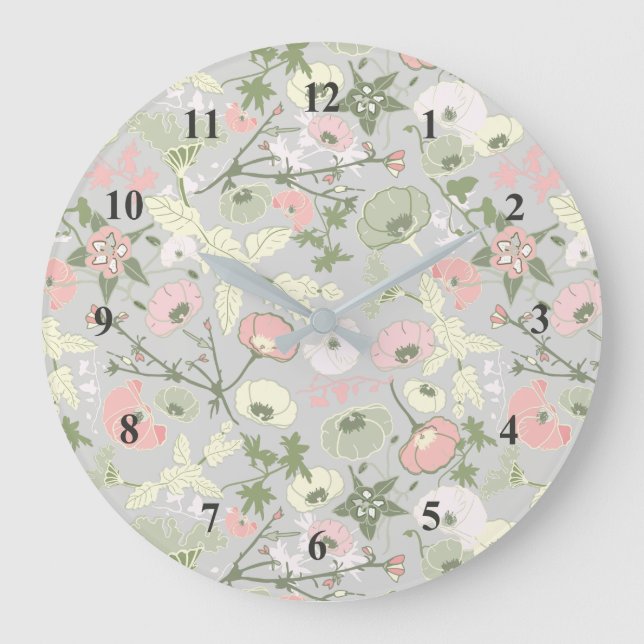 Pink Green Gray Floral Flower Girl Pattern Large Clock (Front)