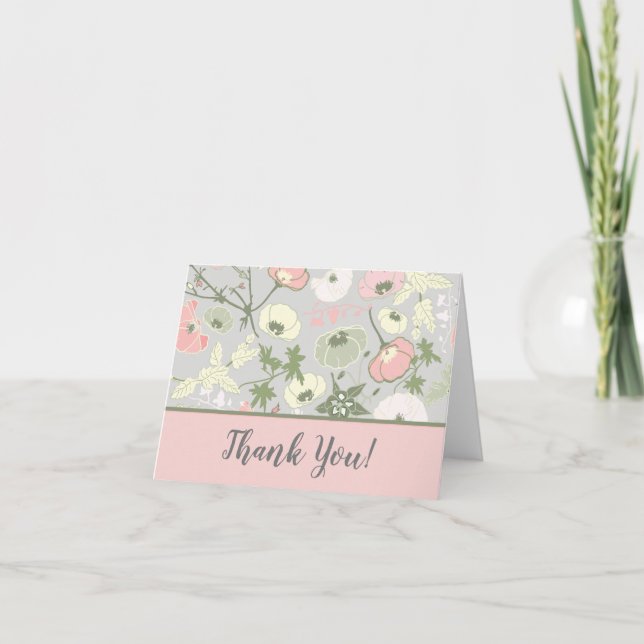 Pink Green Gray Tossed Flowers Pattern Thank You Card (Front)