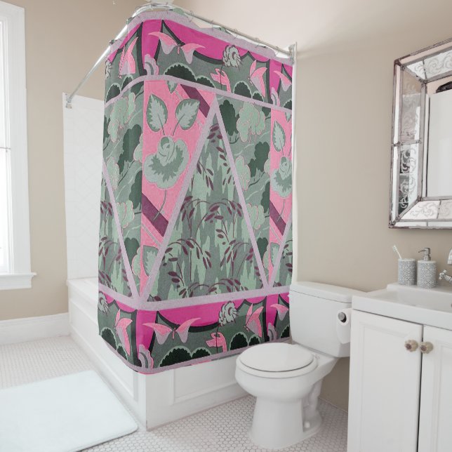 PINK GREEN GREY FLOWERS, BUTTERFLIES BOLD FLORAL SHOWER CURTAIN (In Situ)