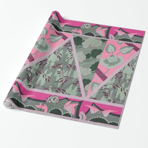 PINK GREEN GREY FLOWERS BUTTERFLIES BOLD FLORAL WRAPPING PAPER