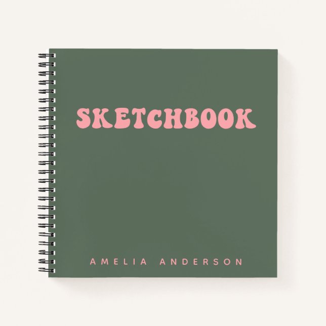 Pink Green Groovy Sketchbook Personalized Name Notebook (Front)