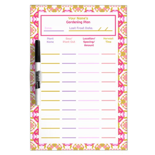 Pink Green Grow Your Own Gardening Plan Planner Dry Erase Board