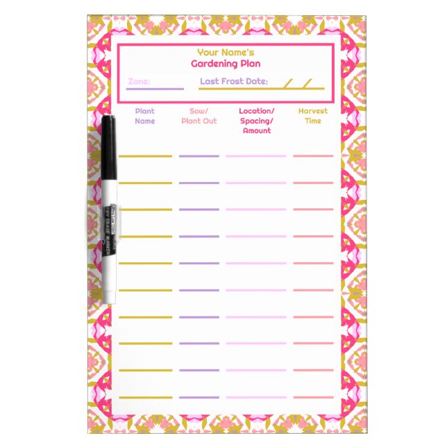 Pink Green Grow Your Own Gardening Plan Planner Dry Erase Board (Front)