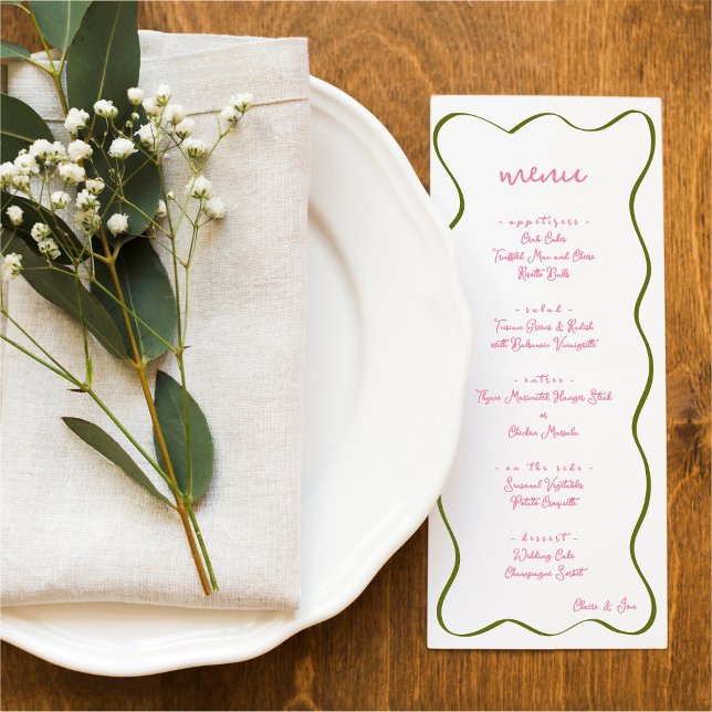 Pink & Green Hand Drawn Curvy Border Wedding Menu (Creator Uploaded)