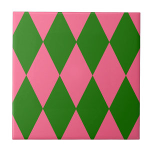 Pink Green Harlequin Checkered Design Ceramic Tile