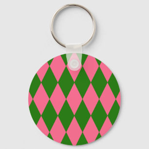 Pink Green Harlequin Checkered Design Keychain