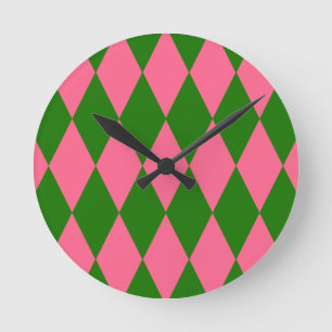 Pink Green Harlequin Checkered Design Round Clock