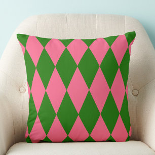 Pink Green Harlequin Checkered Design Throw Pillow