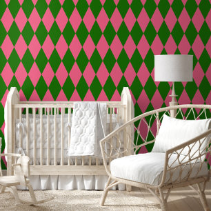 Pink Green Harlequin Checkered Design Wallpaper