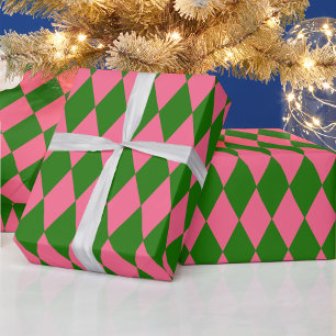 Pink Green Harlequin Checkered Design Wrapping Paper