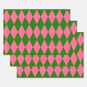 Pink Green Harlequin Checkered Design Wrapping Paper Sheets
