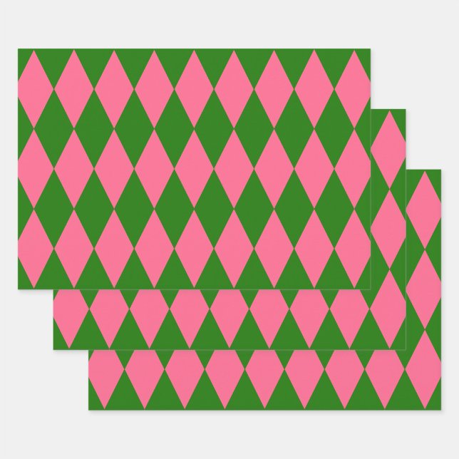Pink Green Harlequin Checkered Design  Wrapping Paper Sheets (Creator Uploaded)