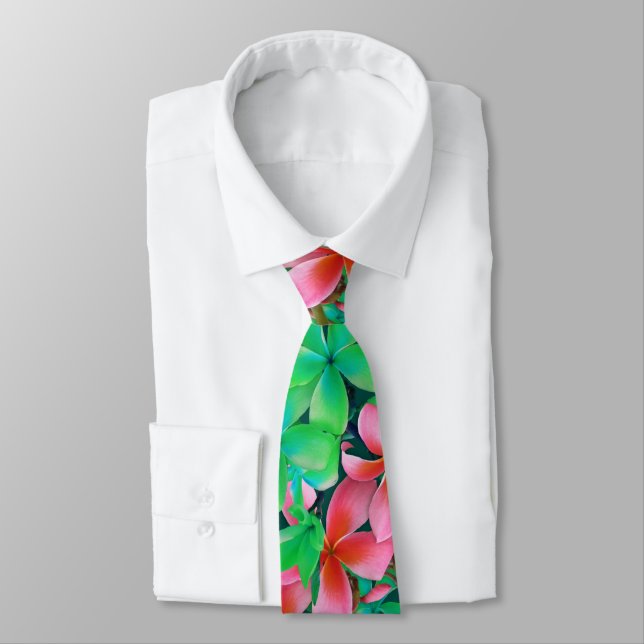 Pink Green Hawaiian Plumeria Big Flowers Neck Tie (Tied)