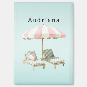 Pink Green Heart Beach Lounging Chairs Umbrella Magnet