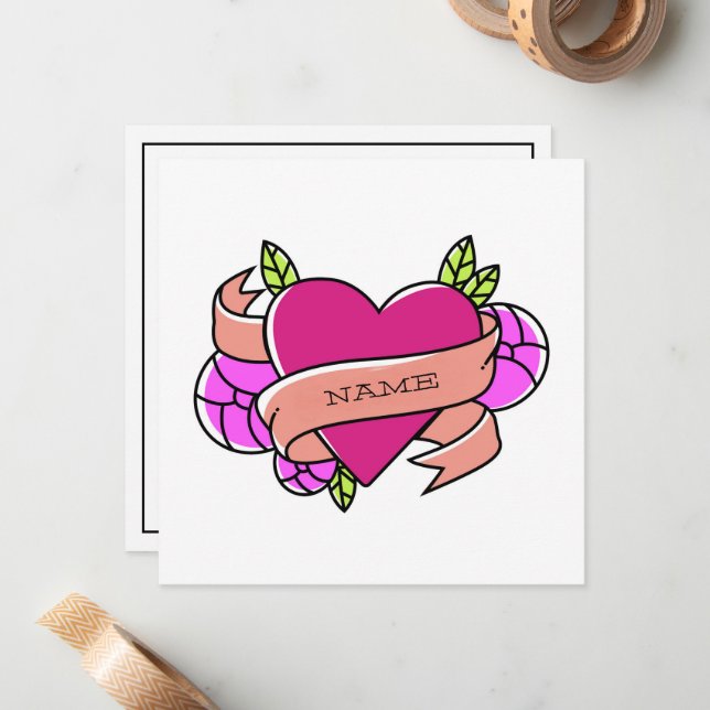 Pink Green Heart Tattoo Add Custom Name Black Note Card (Front/Back In Situ)