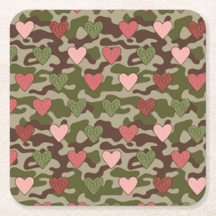 Pink Green Hearts Camouflage Coaster Set