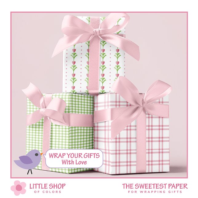 Pink Green Hearts Floral Plaid Valentines Day Wrapping Paper Sheets (Creator Uploaded)