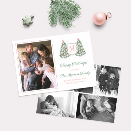 Pink Green Holidays Tree Family Initial 6 Photos Holiday Card