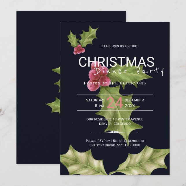 Pink green holly berries Christmas dinner party Invitation (Front/Back)