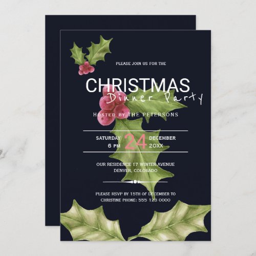 Pink green holly berries Christmas dinner party Invitation