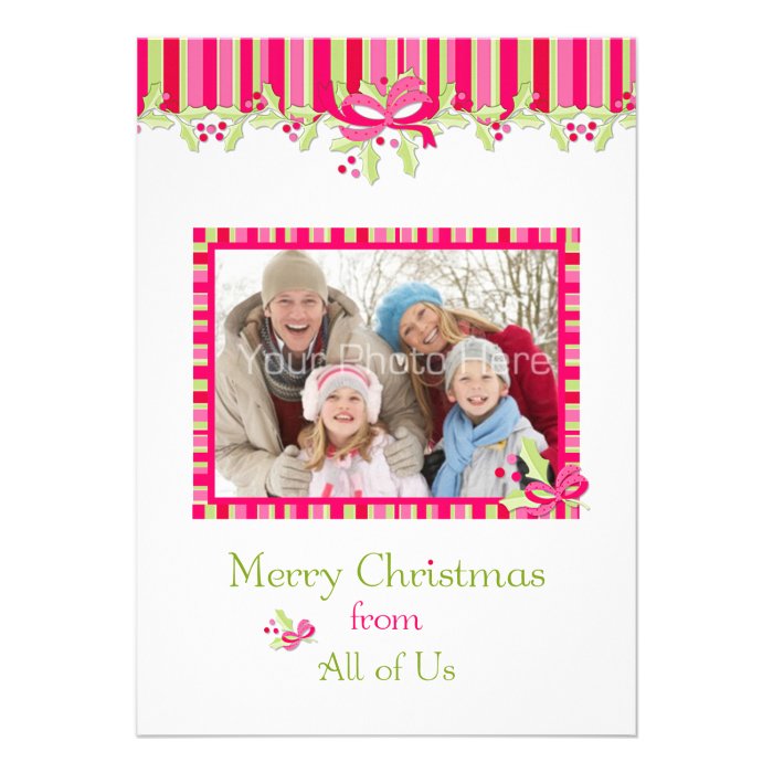 Pink, Green Holly, Merry Christmas All Photo Personalized Invitation
