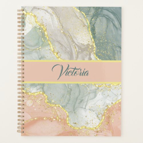 Pink Green Ink Marble With Gold Color Veins  Planner