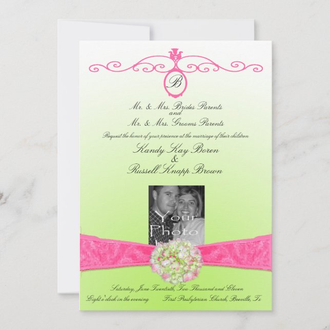 Pink & Green Invitation with Monogram & Photo (Front)