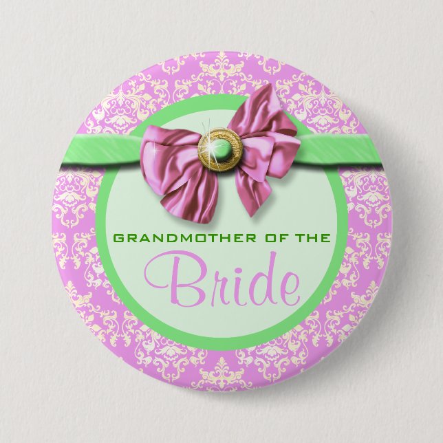 Pink green ivory damask bride button (Front)