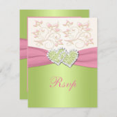 Pink Green Ivory Floral Joined Hearts RSVP Card (Front/Back)