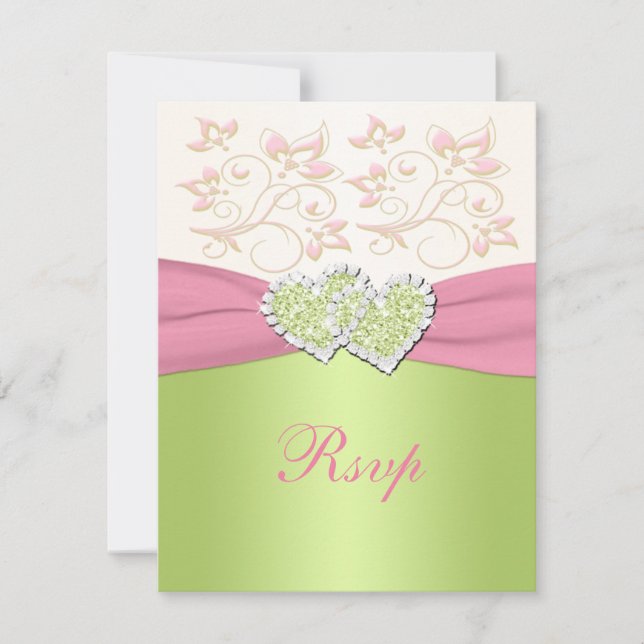 Pink Green Ivory Floral Joined Hearts RSVP Card (Front)