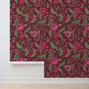 Pink & Green Jacobean Floral Pattern Wallpaper