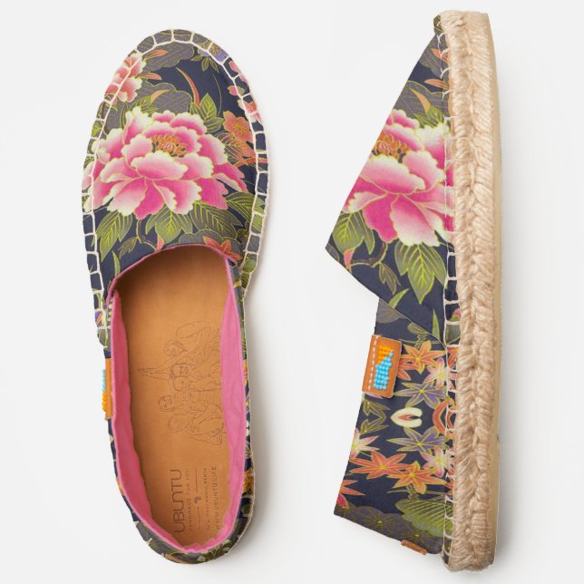 Pink Green Japanese Kimono Floral Flower Womens Espadrilles (Side)