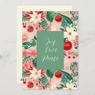 Pink Green Joy Love Peace Floral Christmas Card