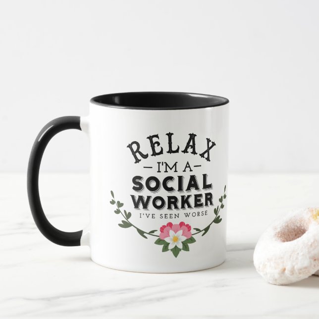 Pink green Leaf Floral Quote Relax Social Worker Mug (With Donut)