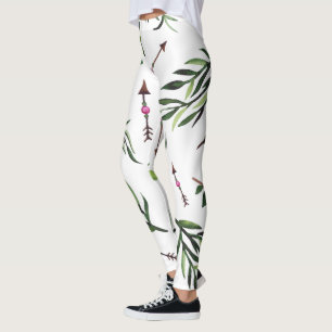 Pink & Green Leaf Leggings - Nature Elegance Style