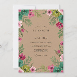 Pink Green Leafy Wedding Invitation