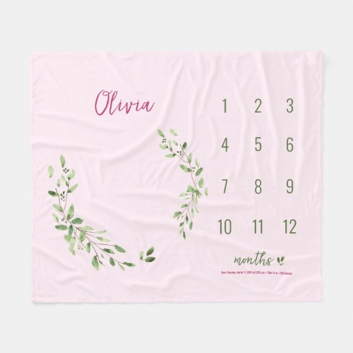Pink Green Leaves Baby Girl Monthly Milestone 
