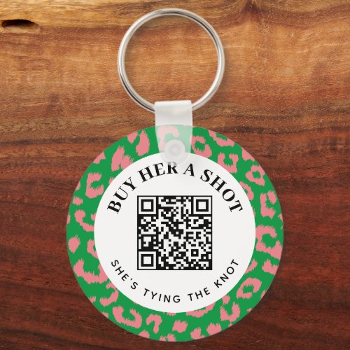 Pink Green Leopard Bachelorette Party QR Payment Keychain