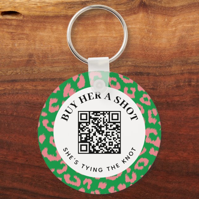 Pink Green Leopard Bachelorette Party QR Payment Keychain (Front)