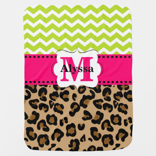 Pink Green Leopard Chevron Personalized Baby Blanket (Front)